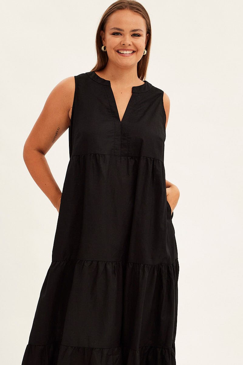 Black Maxi Dress Sleeveless Tiered Linen Blend