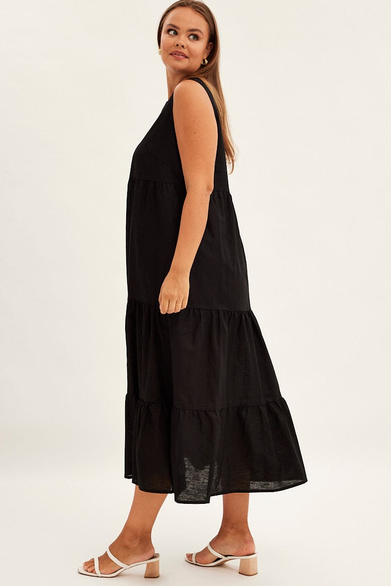 Black Maxi Dress Sleeveless Tiered Linen Blend for YouandAll Fashion