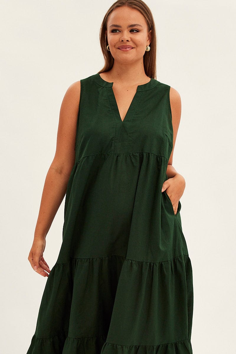 Green Maxi Dress Sleeveless Tiered Linen Blend for YouandAll Fashion