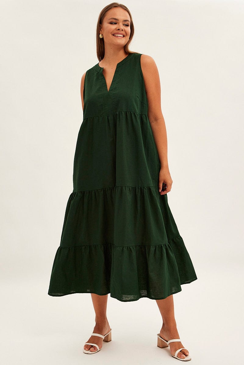 Green Maxi Dress Sleeveless Tiered Linen Blend for YouandAll Fashion