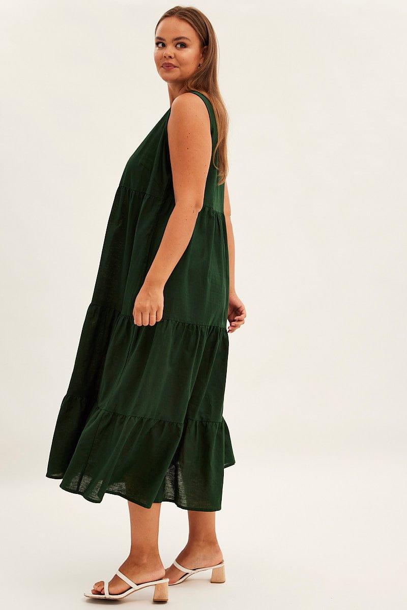 Green Maxi Dress Sleeveless Tiered Linen Blend for YouandAll Fashion