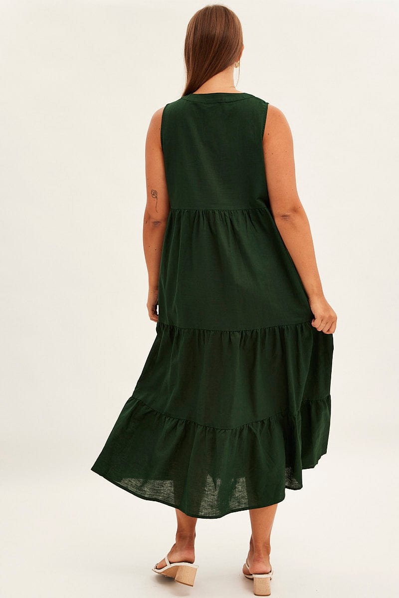 Green Maxi Dress Sleeveless Tiered Linen Blend for YouandAll Fashion