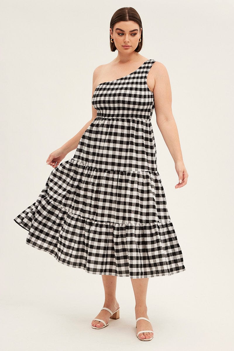 Multi Check Midi Dress One Shoulder Shirred Gingham Check for YouandAll Fashion