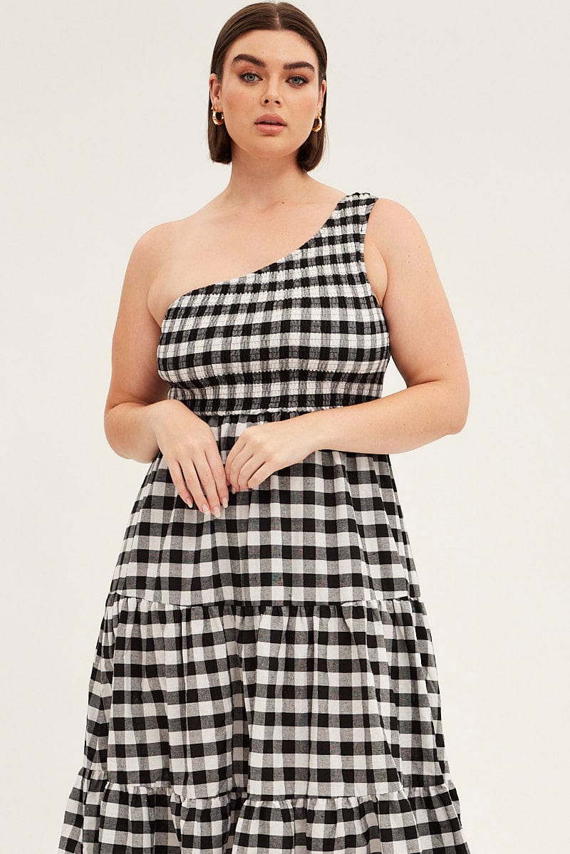 Multi Check Midi Dress One Shoulder Shirred Gingham Check for YouandAll Fashion