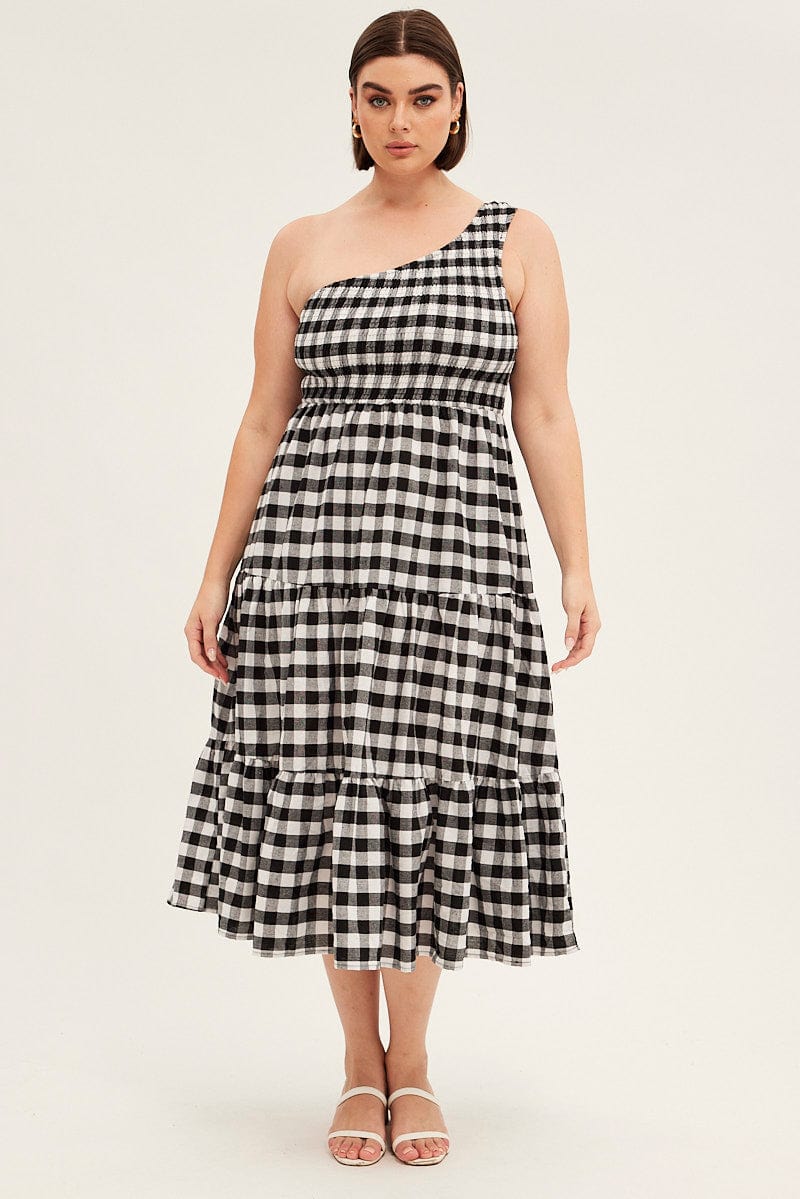 Multi Check Midi Dress One Shoulder Shirred Gingham Check for YouandAll Fashion