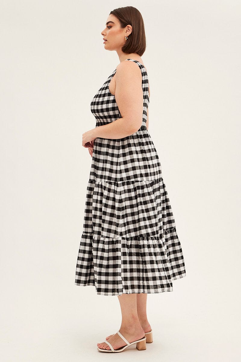 Multi Check Midi Dress One Shoulder Shirred Gingham Check for YouandAll Fashion