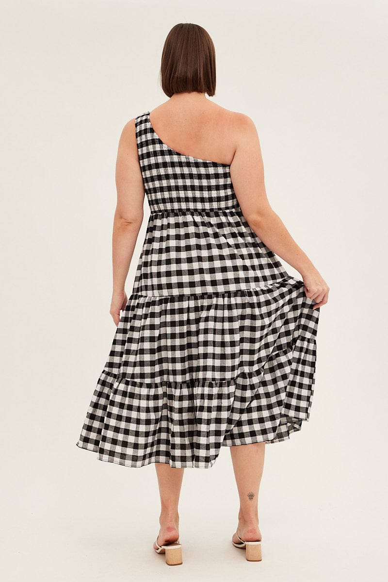 Multi Check Midi Dress One Shoulder Shirred Gingham Check for YouandAll Fashion