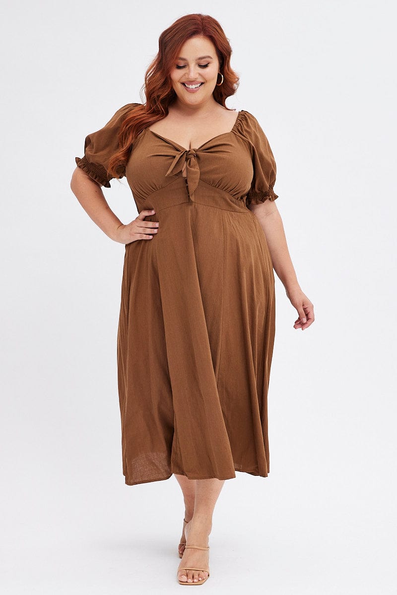 Brown Tie Front Button Midi Dress for YouandAll Fashion