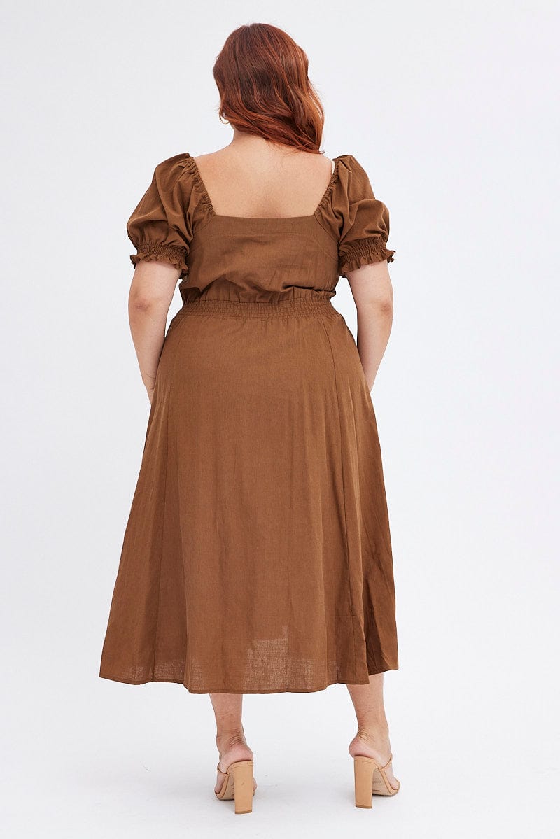 Brown Tie Front Button Midi Dress for YouandAll Fashion