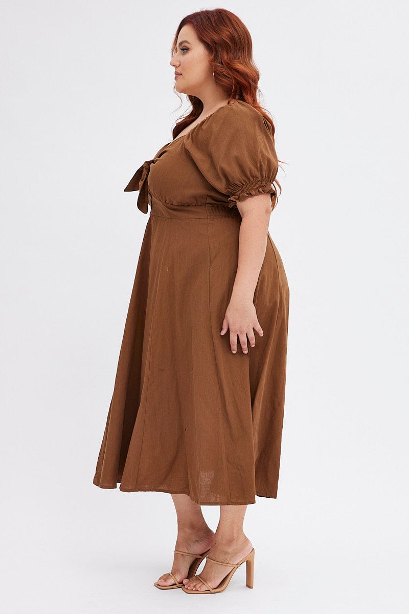 Brown Tie Front Button Midi Dress for YouandAll Fashion