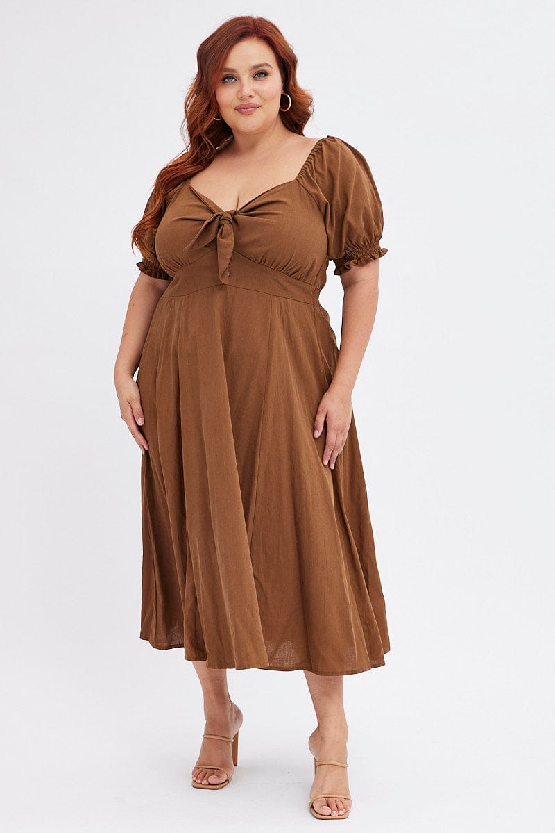 Brown Tie Front Button Midi Dress for YouandAll Fashion