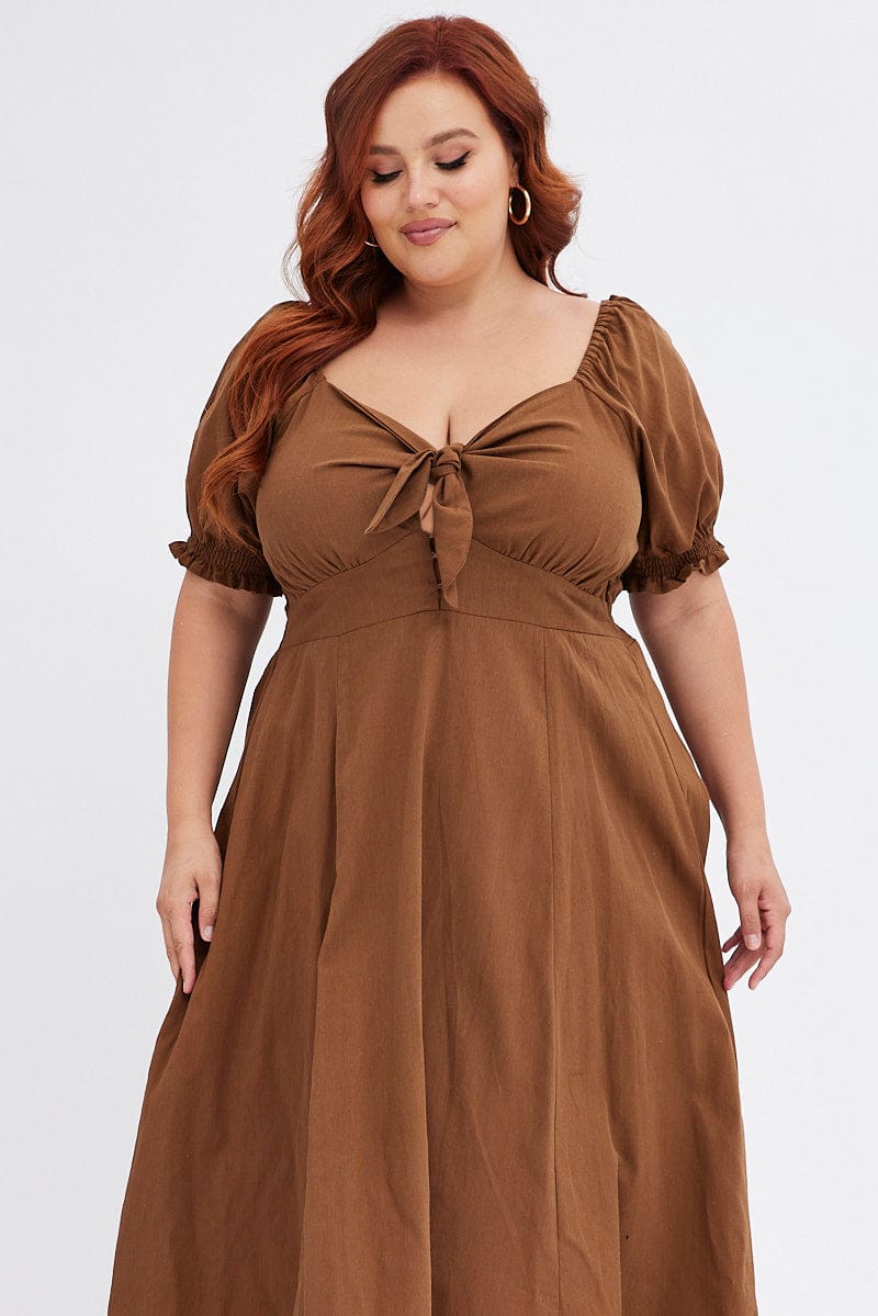 Brown Tie Front Button Midi Dress for YouandAll Fashion