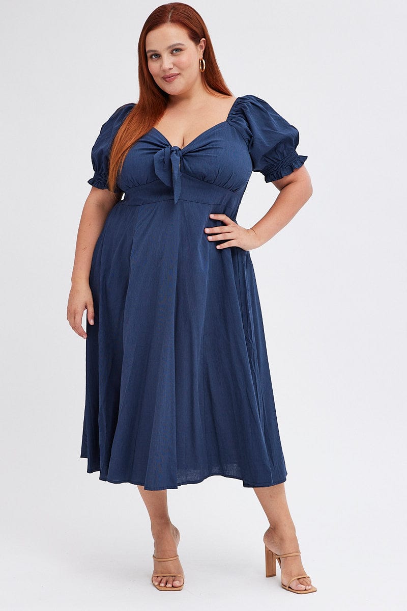 Blue Tie Front Button Midi Dress for YouandAll Fashion