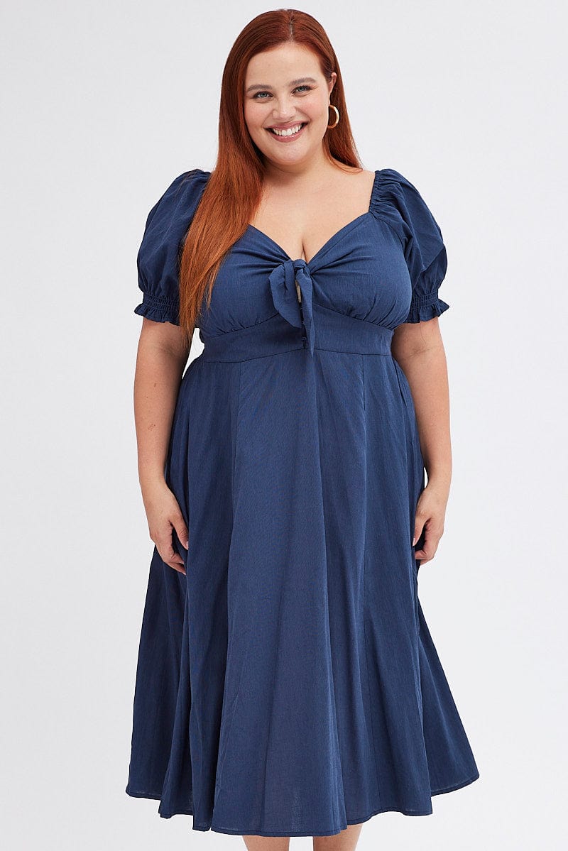 Blue Tie Front Button Midi Dress for YouandAll Fashion