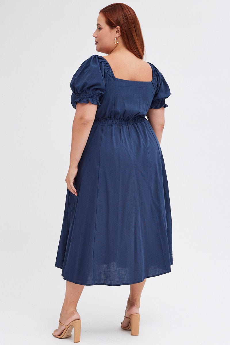 Blue Tie Front Button Midi Dress for YouandAll Fashion