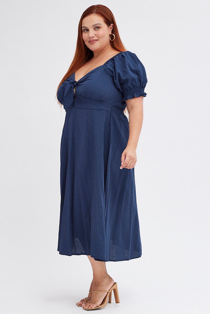 Blue Tie Front Button Midi Dress for YouandAll Fashion