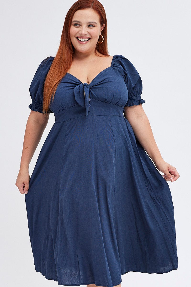 Blue Tie Front Button Midi Dress for YouandAll Fashion