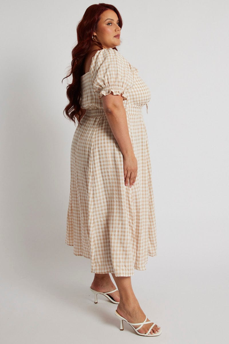 Beige Check Puff Sleeve Gingham Tie Front Midi Dress for YouandAll Fashion