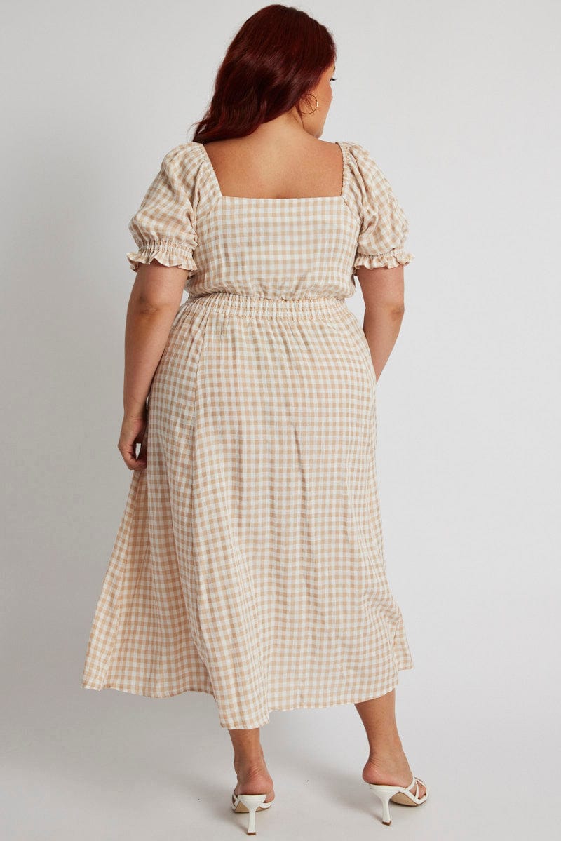 Beige Check Puff Sleeve Gingham Tie Front Midi Dress for YouandAll Fashion