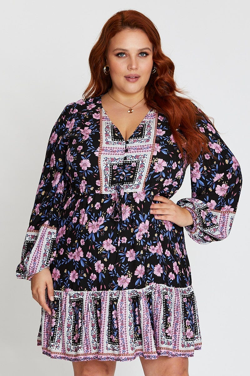 Floral Prt Long Sleeve Boho Print Button Tiered Dress For Women By You And All