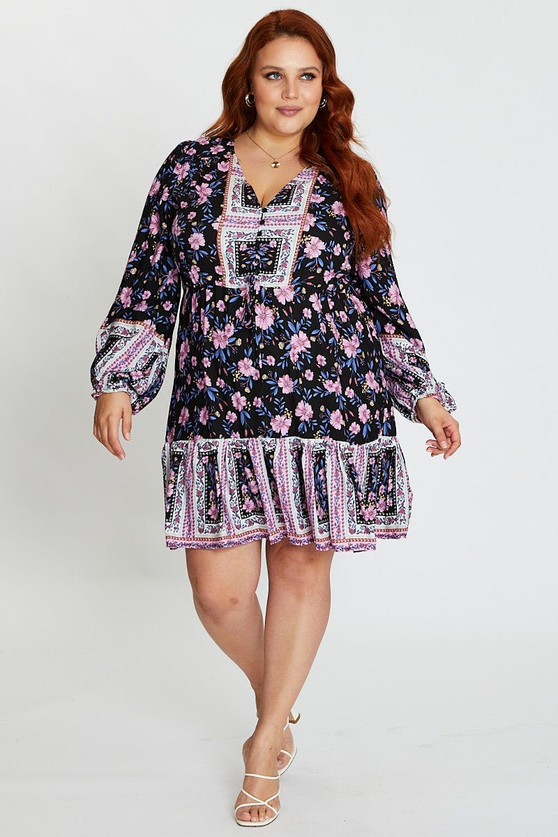 Floral Prt Long Sleeve Boho Print Button Tiered Dress For Women By You And All