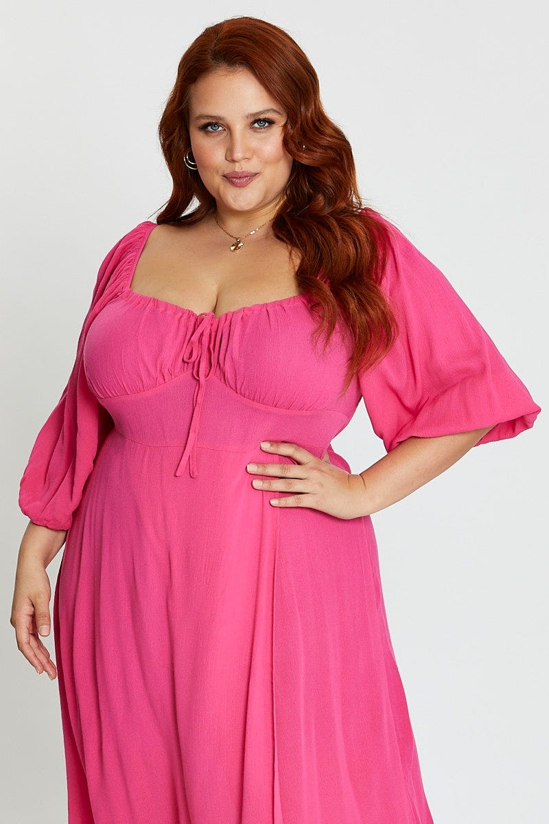 Plus Size H Pink Maxi Dress Scoop Neck Short Sleeve Front Split