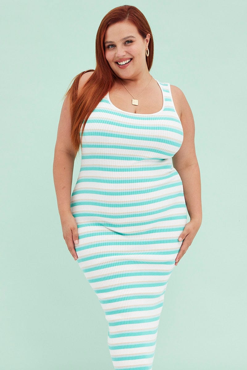 Blue Stripe Knit Dress Sleeveless Bodycon for YouandAll Fashion