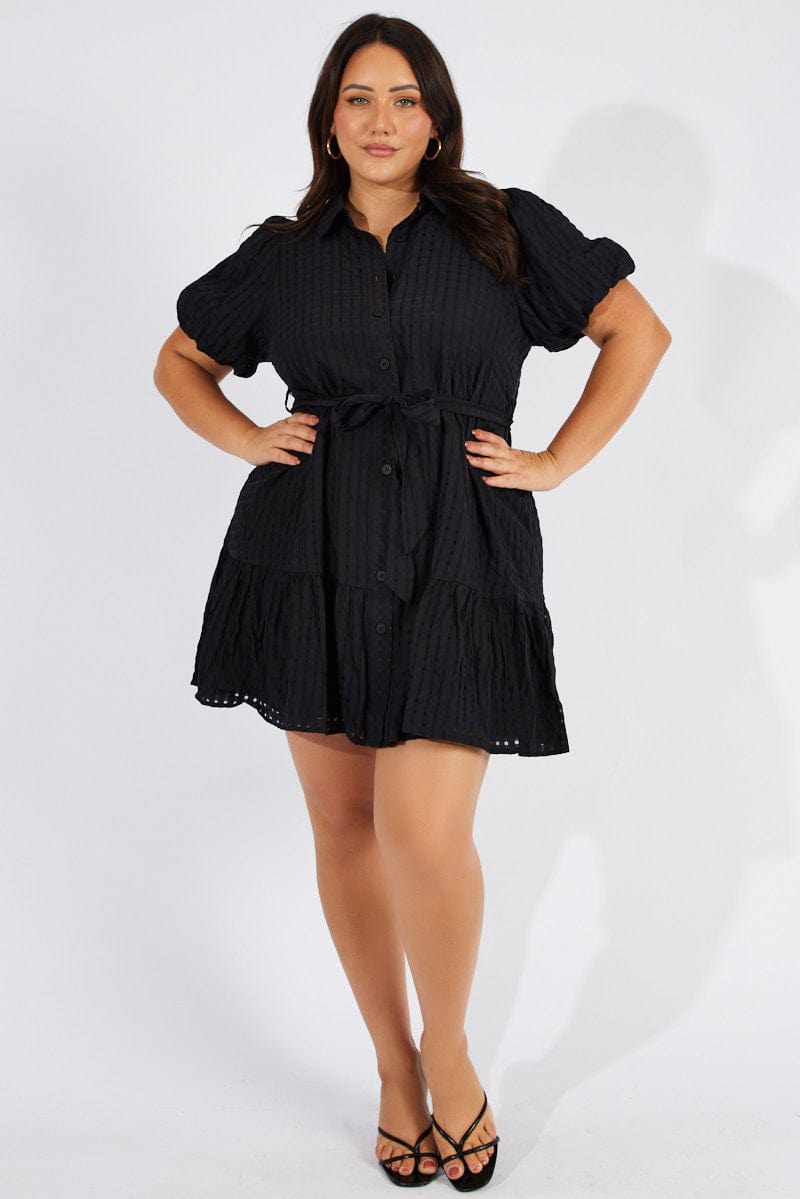 Black Fit and Flare Dress Short Sleeve Self Check for YouandAll Fashion