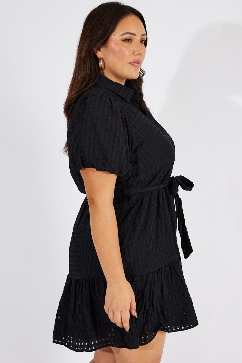 Black Fit and Flare Dress Short Sleeve Self Check for YouandAll Fashion