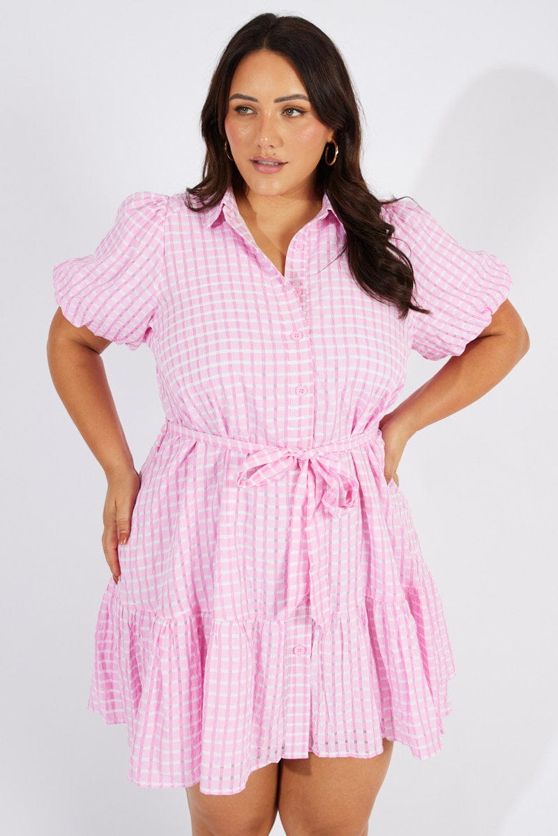Pink Fit and Flare Dress Short Sleeve Self Check for YouandAll Fashion