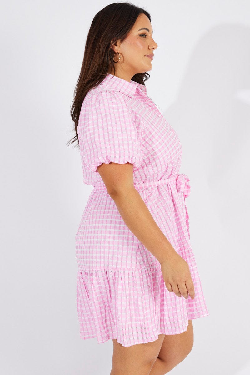 Pink Fit and Flare Dress Short Sleeve Self Check for YouandAll Fashion