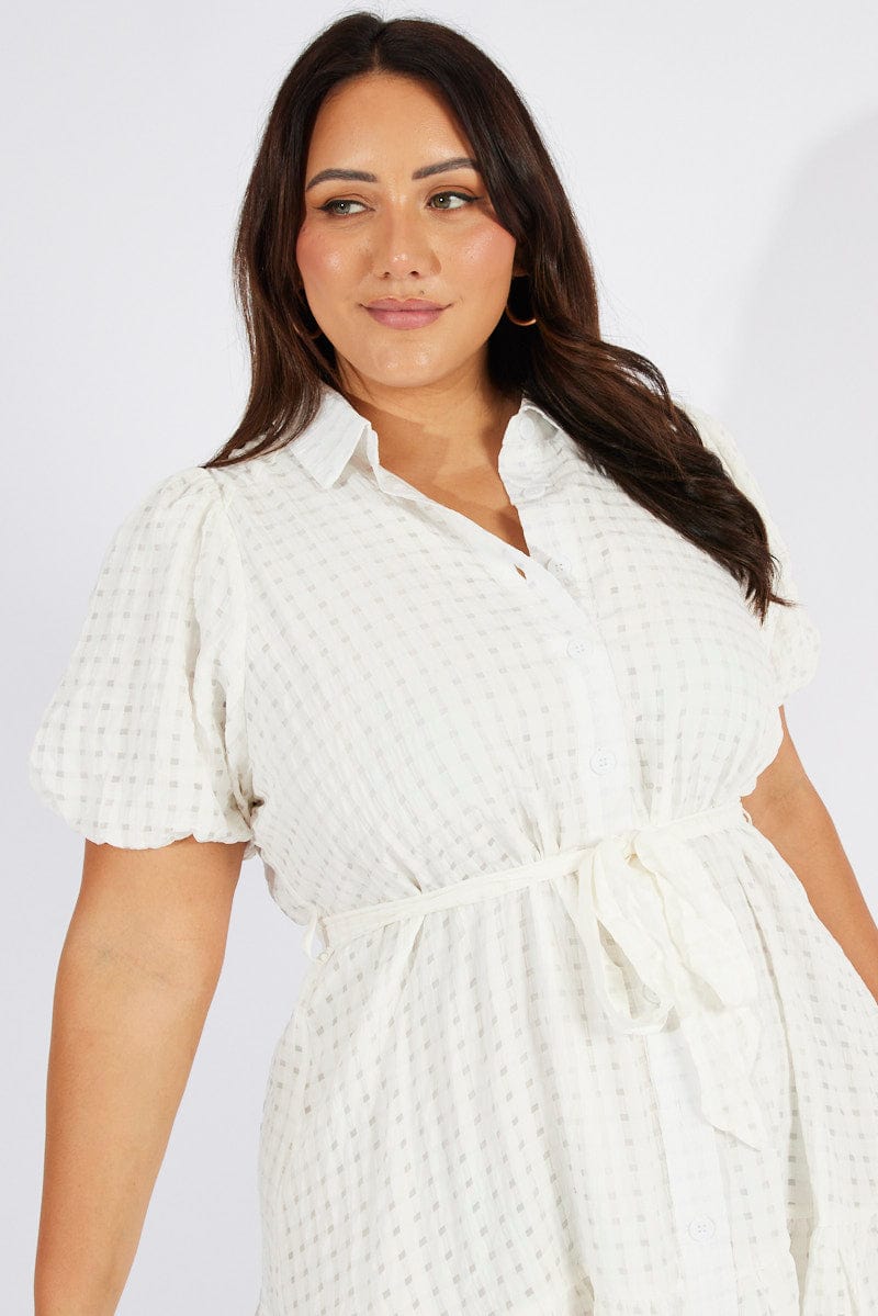 White Fit and Flare Dress Short Sleeve Self Check for YouandAll Fashion