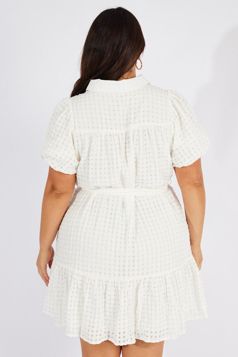 White Fit and Flare Dress Short Sleeve Self Check for YouandAll Fashion
