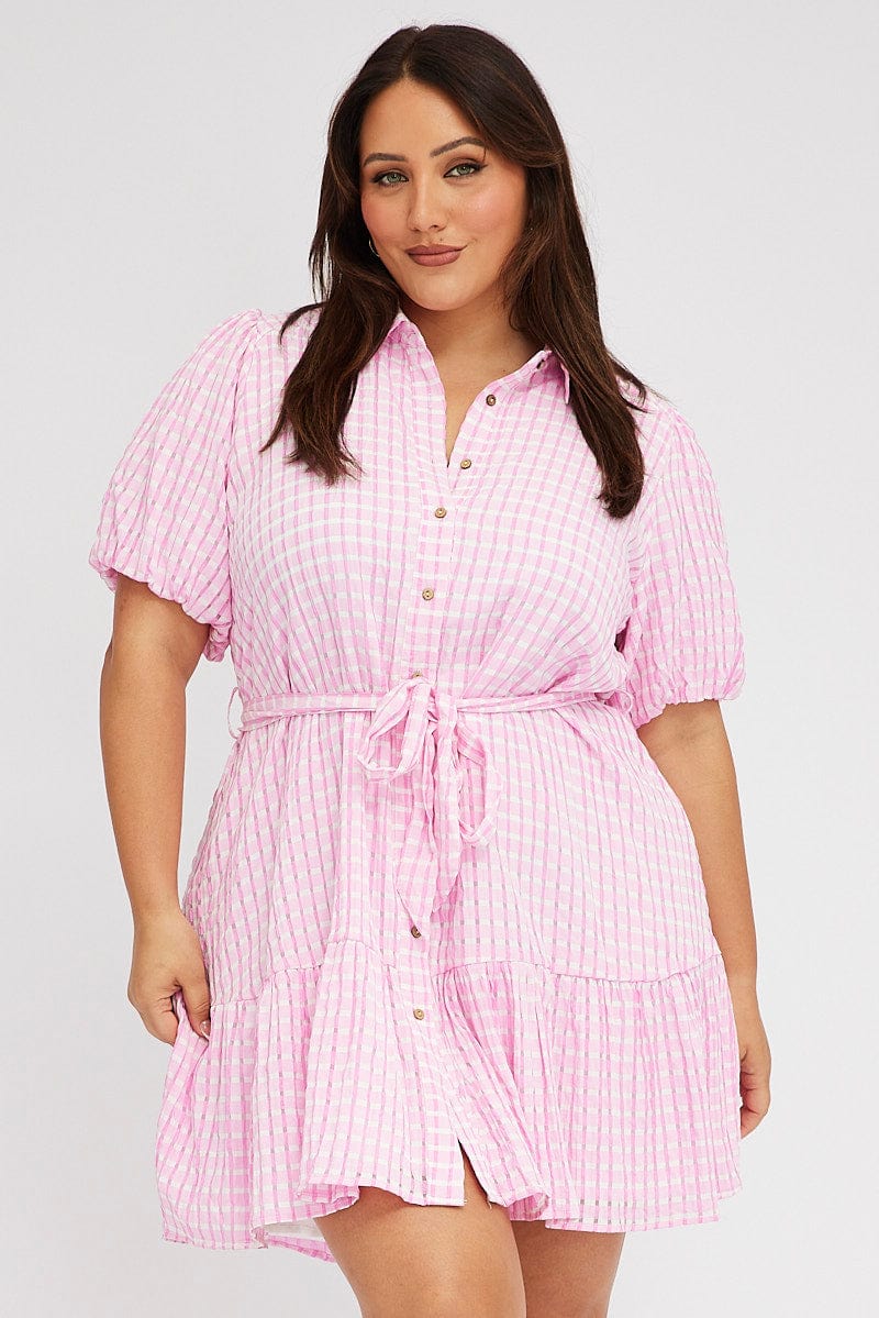 Pink Shirt Dress Short Sleeve Tiered Self Check for YouandAll Fashion