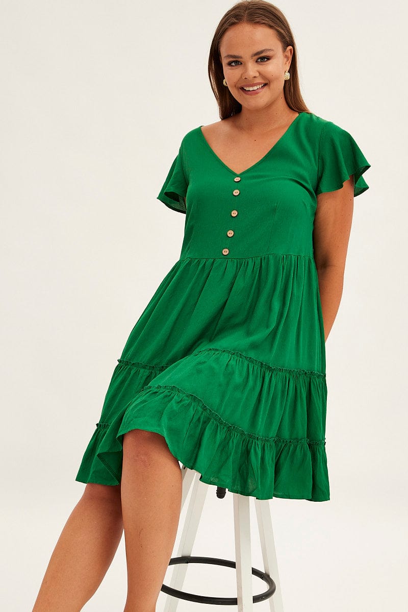Green Fit and Flare Dress Short Sleeve V-Neck for YouandAll Fashion