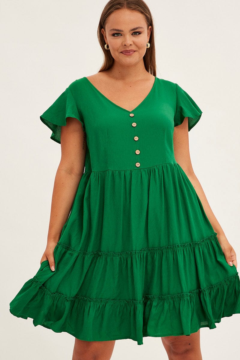 Green Fit and Flare Dress Short Sleeve V-Neck for YouandAll Fashion