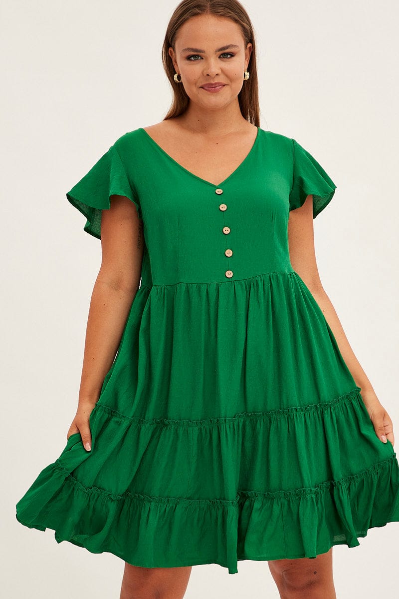 Green Fit And Flare Dress Short Sleeve V-neck