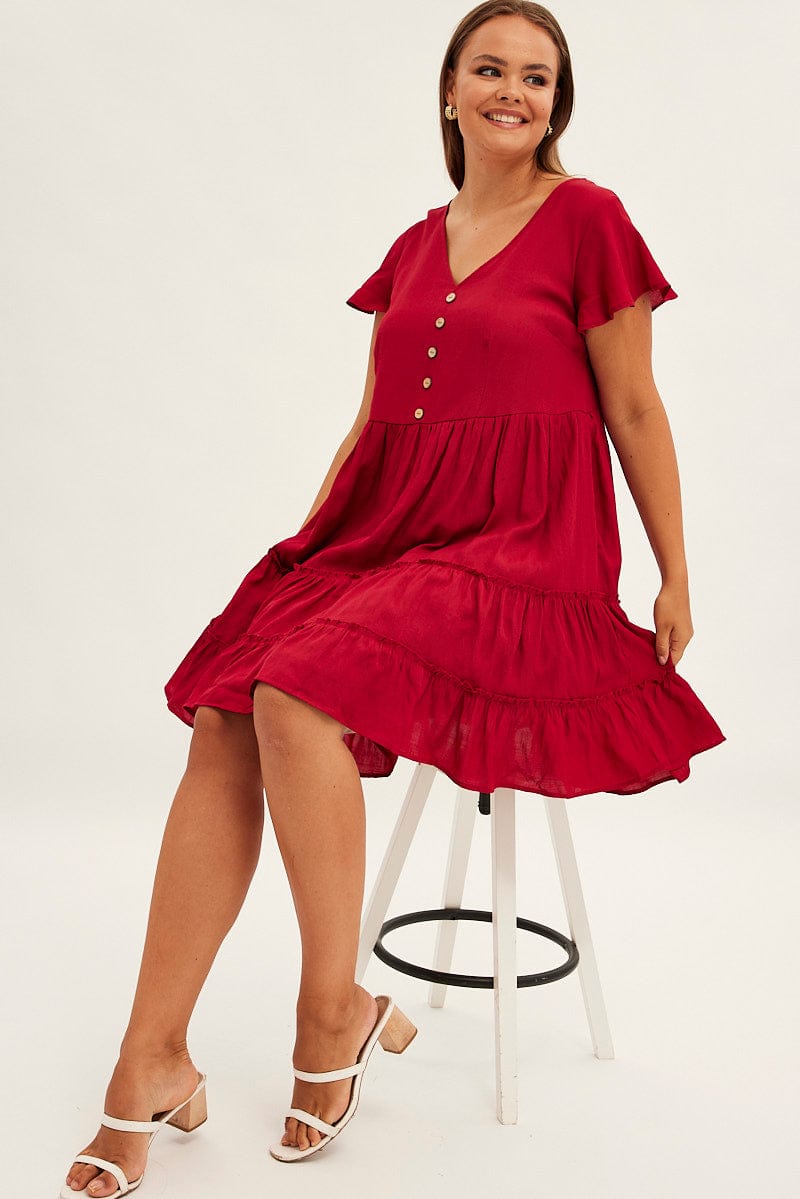Red Fit and Flare Dress Short Sleeve V-Neck for YouandAll Fashion