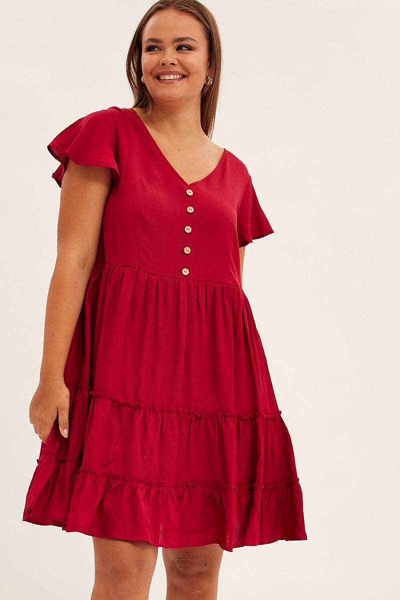 Red Fit and Flare Dress Short Sleeve V-Neck for YouandAll Fashion