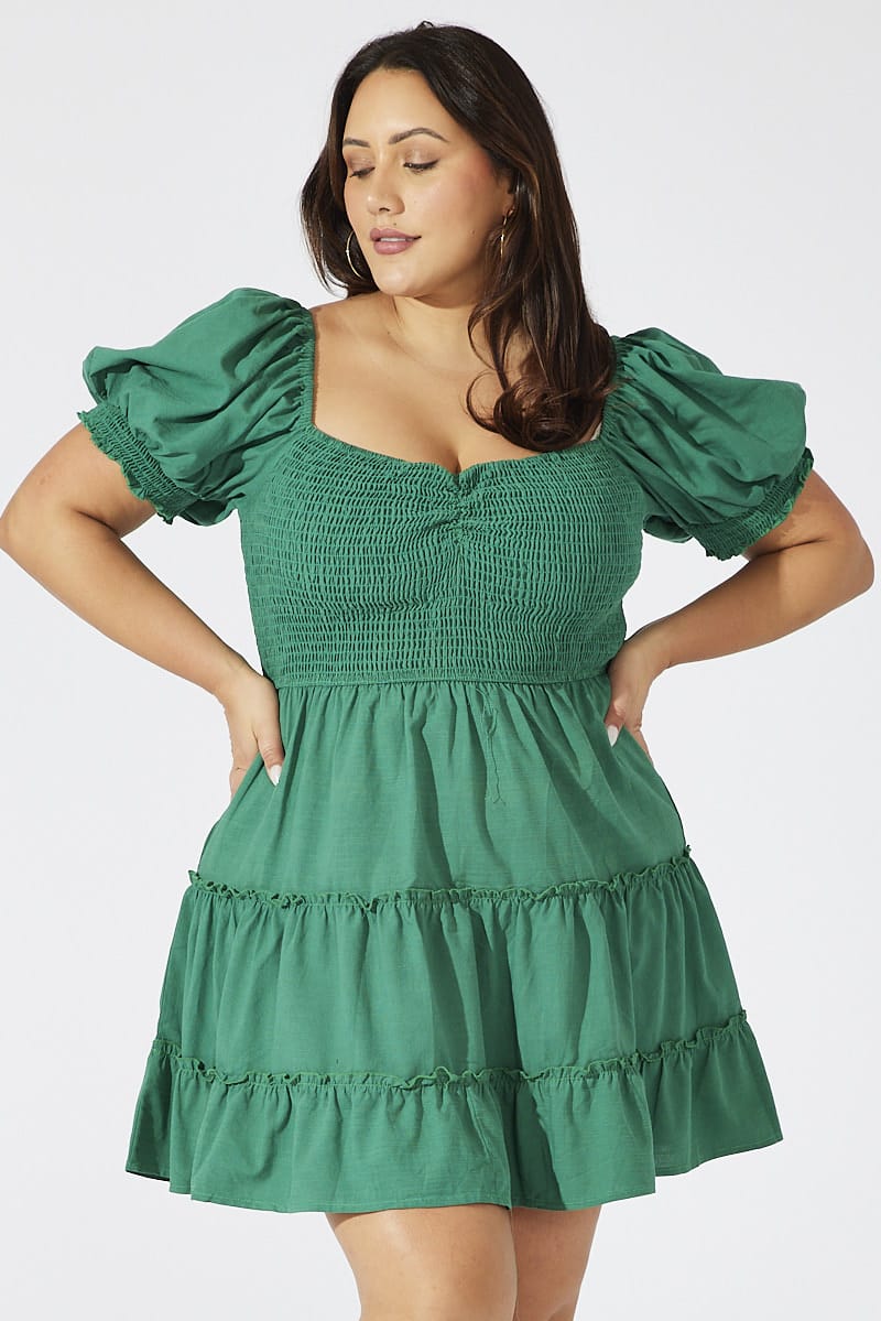 Green Fit and Flare Dress Short Sleeve Shirred for YouandAll Fashion