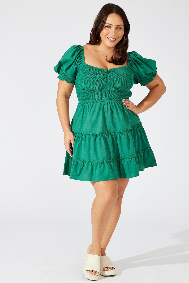 Green Fit and Flare Dress Short Sleeve Shirred for YouandAll Fashion