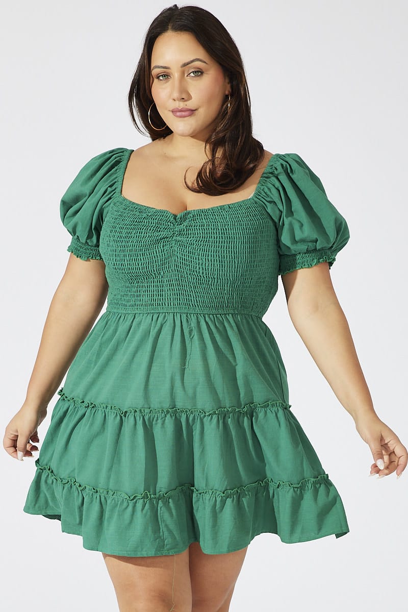 Green Fit and Flare Dress Short Sleeve Shirred for YouandAll Fashion