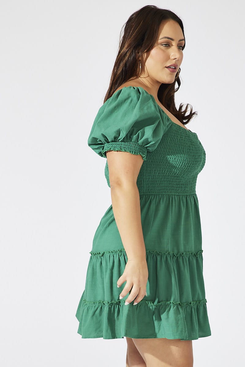 Green Fit and Flare Dress Short Sleeve Shirred for YouandAll Fashion