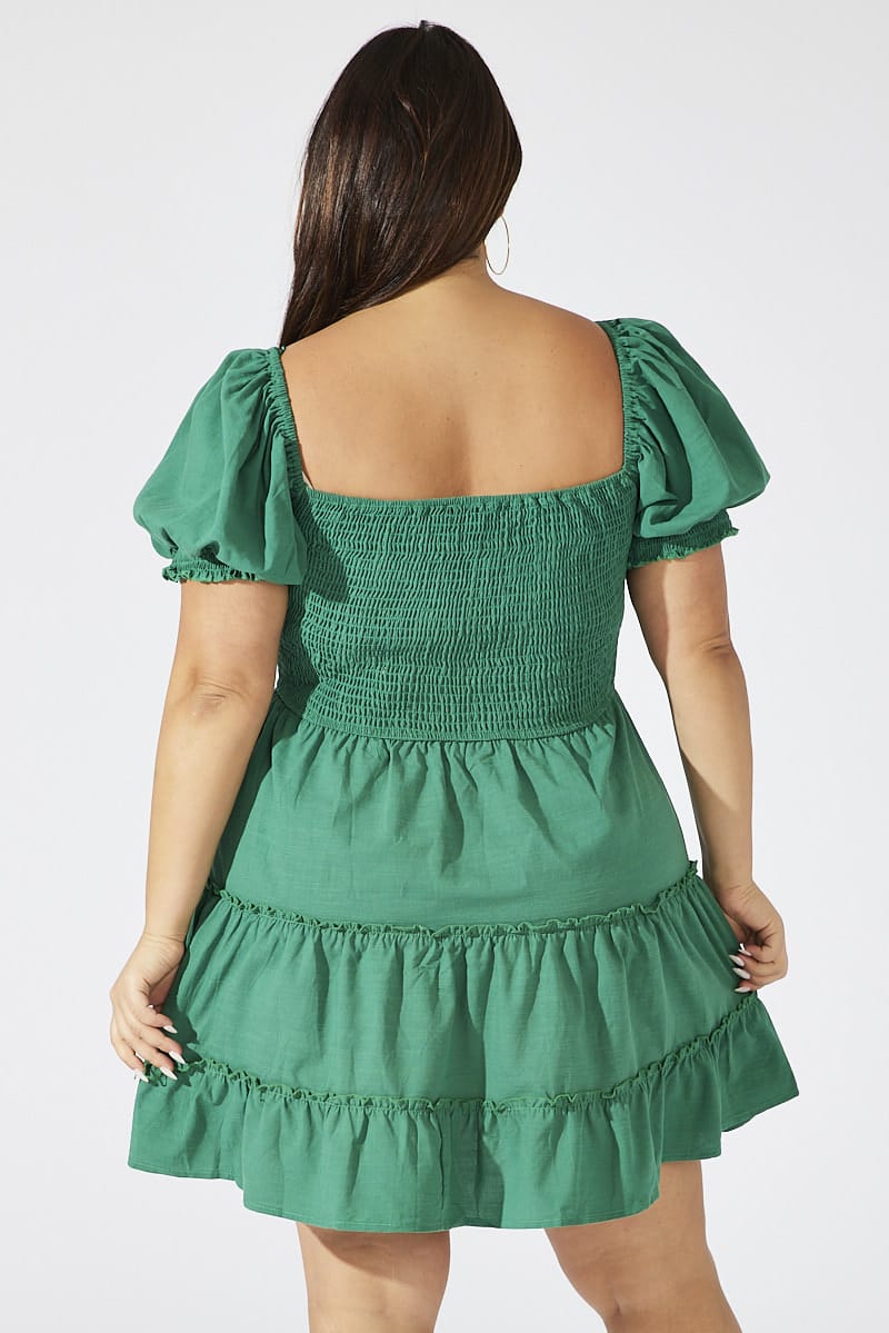 Green Fit and Flare Dress Short Sleeve Shirred for YouandAll Fashion