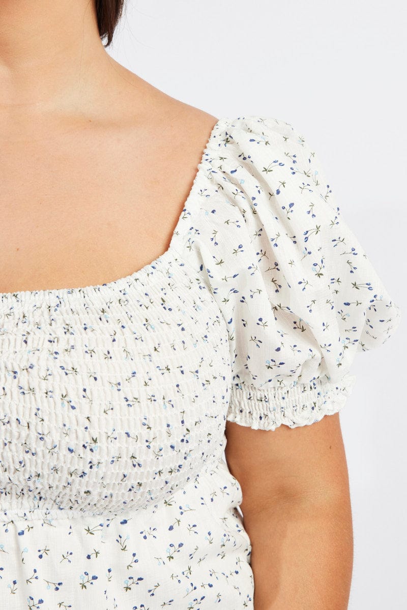 Blue Ditsy Fit And Flare Dress Short Sleeve Shirred | You & All Blue Ditsy Fit And Flare Dress Short Sleeve Shirred | You & All