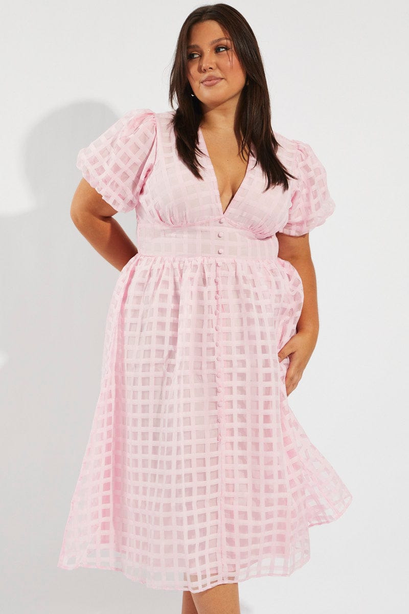 Pink Grid Check Midi Dress for YouandAll Fashion