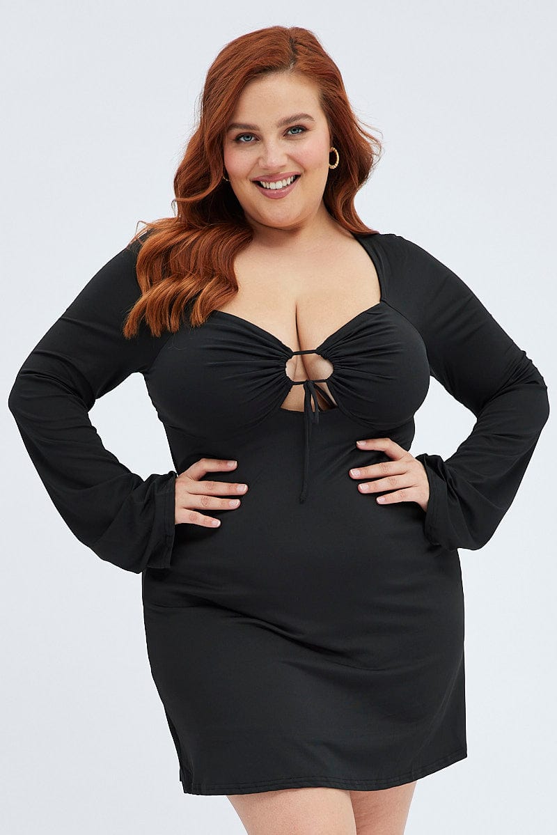 Black Mini Dress Tie Bust Flare Jersey | You & All Black Mini Dress Tie Bust Flare Jersey | You & All
