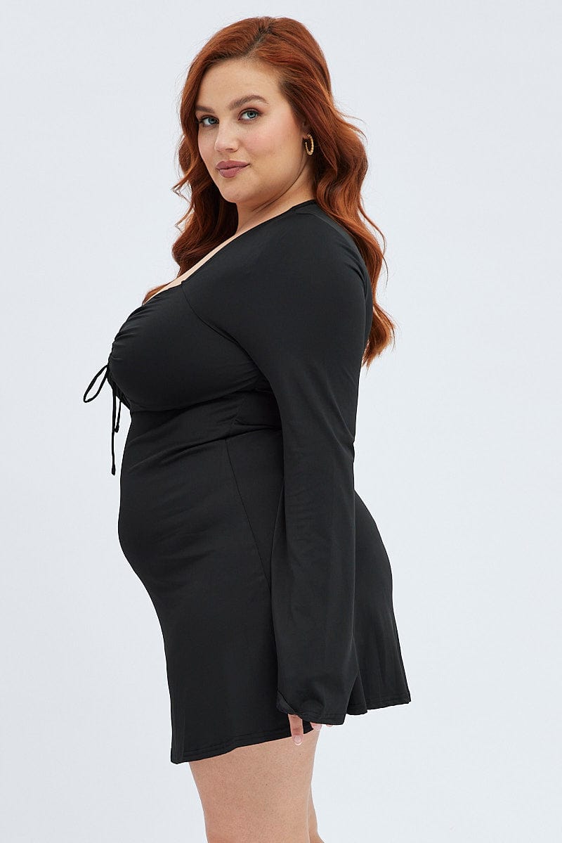 Black Mini Dress Tie Bust Flare Jersey | You & All Black Mini Dress Tie Bust Flare Jersey | You & All