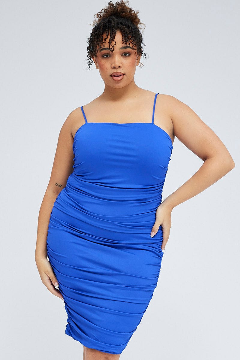 Blue Bodycon Dress Ruched Knee Length for YouandAll Fashion