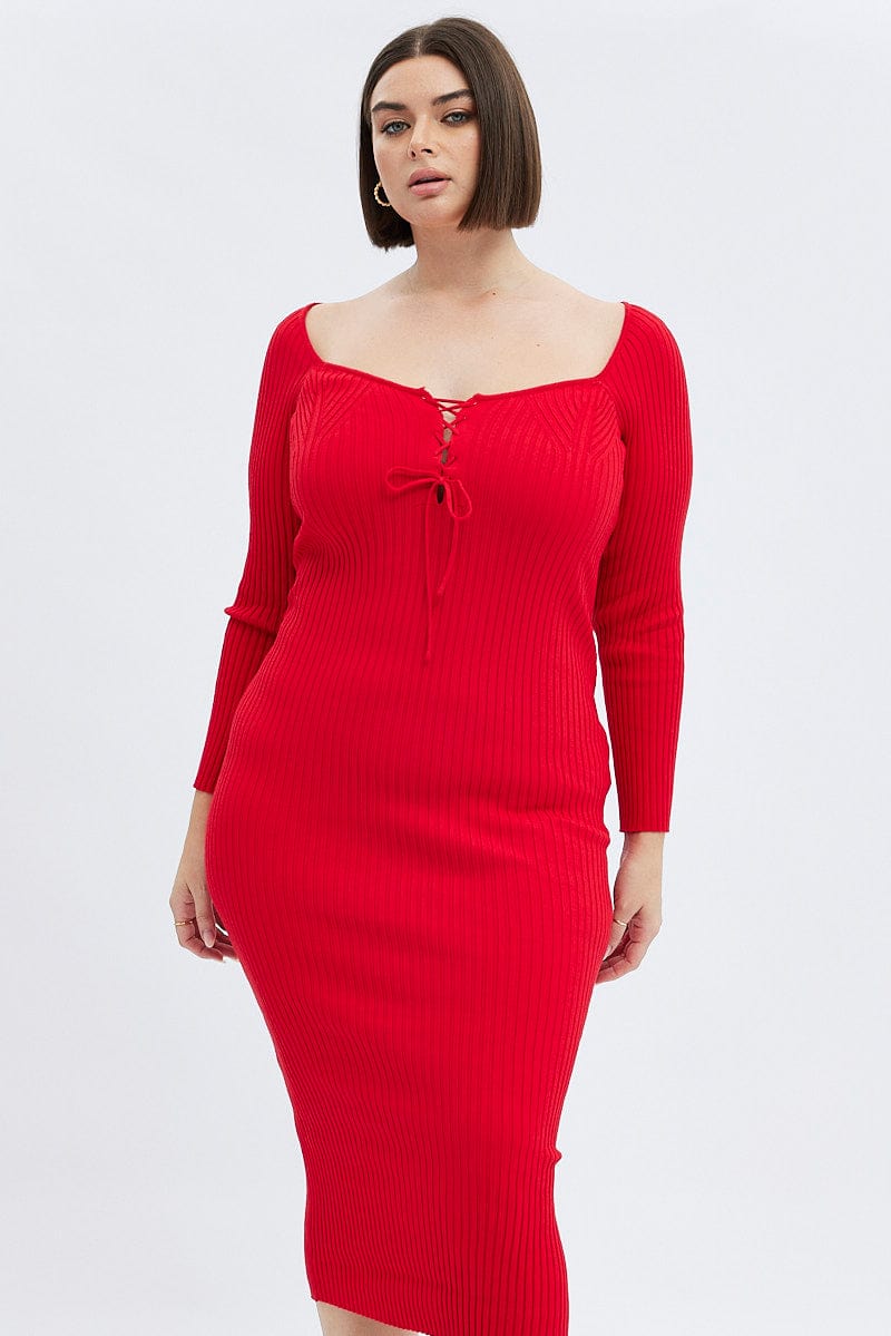 Red Knit Dress Lace Up Front Long Sleeve Rib for YouandAll Fashion